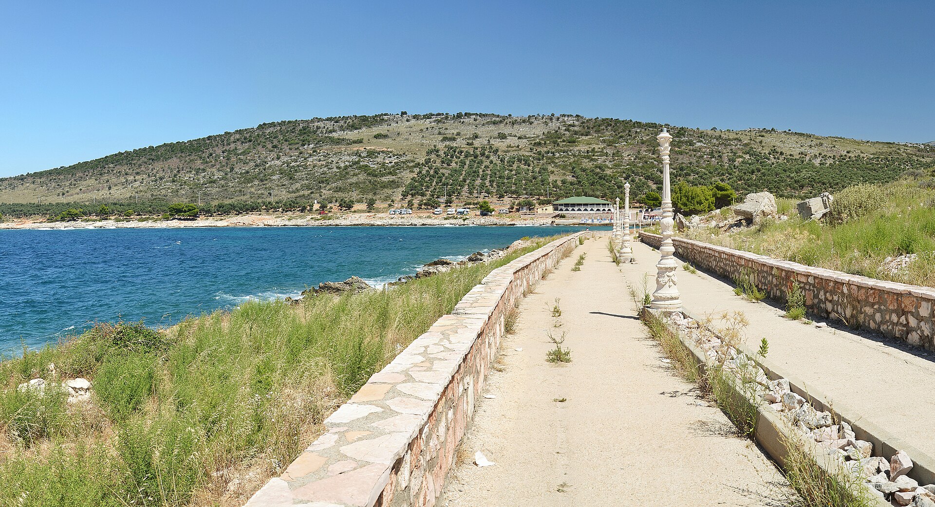 The Ksamil waterfront on the Albanian Riviera with the offshore islands beyond