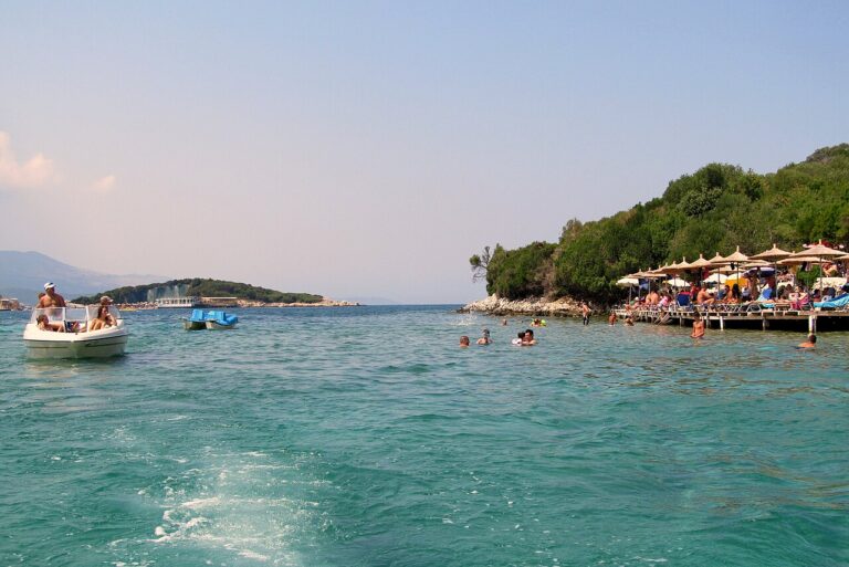 Turquoise water and small islands off the beach at Ksamil on the Albanian Riviera