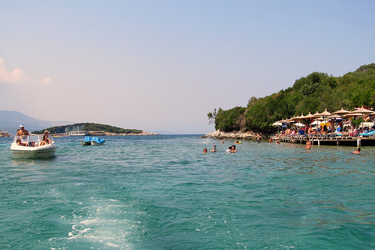 Turquoise water and small islands off the beach at Ksamil on the Albanian Riviera