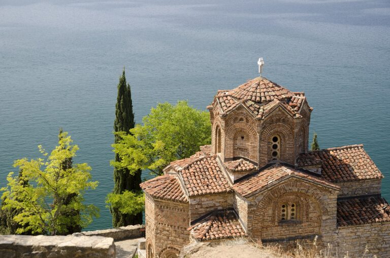 Church of St. John at Kaneo above the blue water of Lake Ohrid, North Macedonia