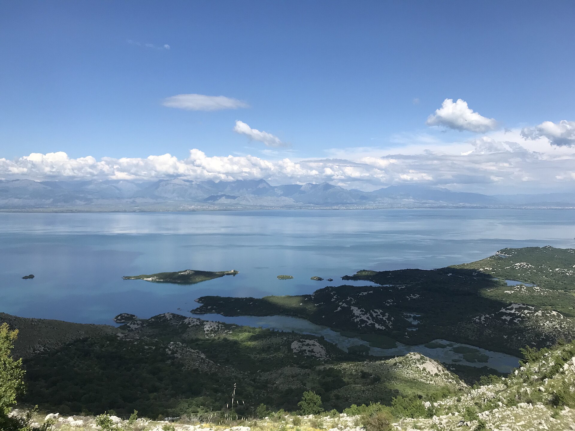Wide open water and reeds on Lake Skadar with mountains on the far shore
