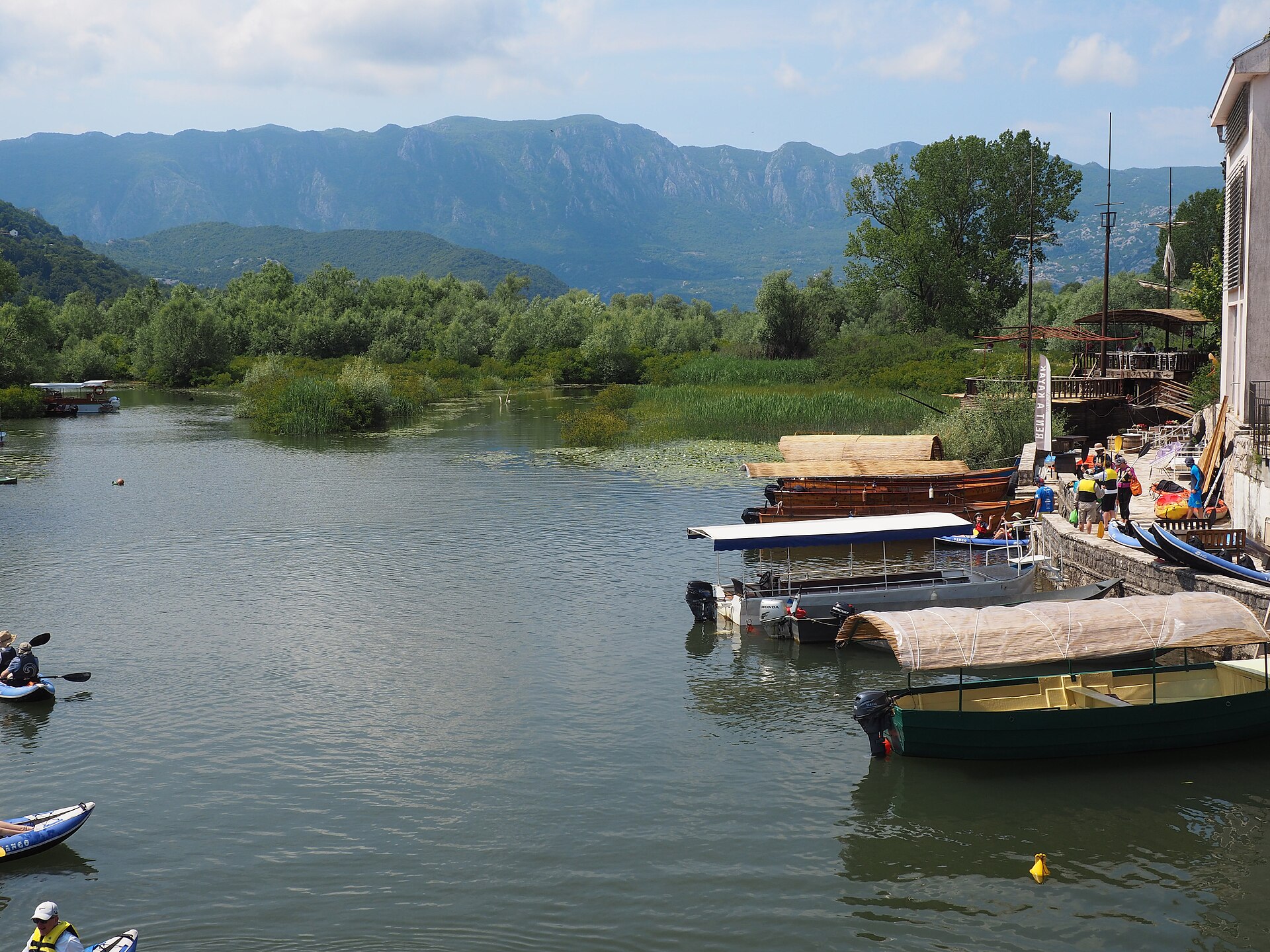 Calm water and green hills on Lake Skadar National Park in Montenegro