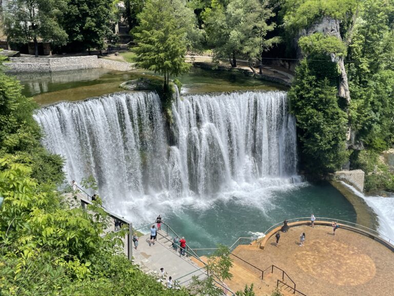 The Pliva Waterfall dropping into the Vrbas in the middle of Jajce, Bosnia