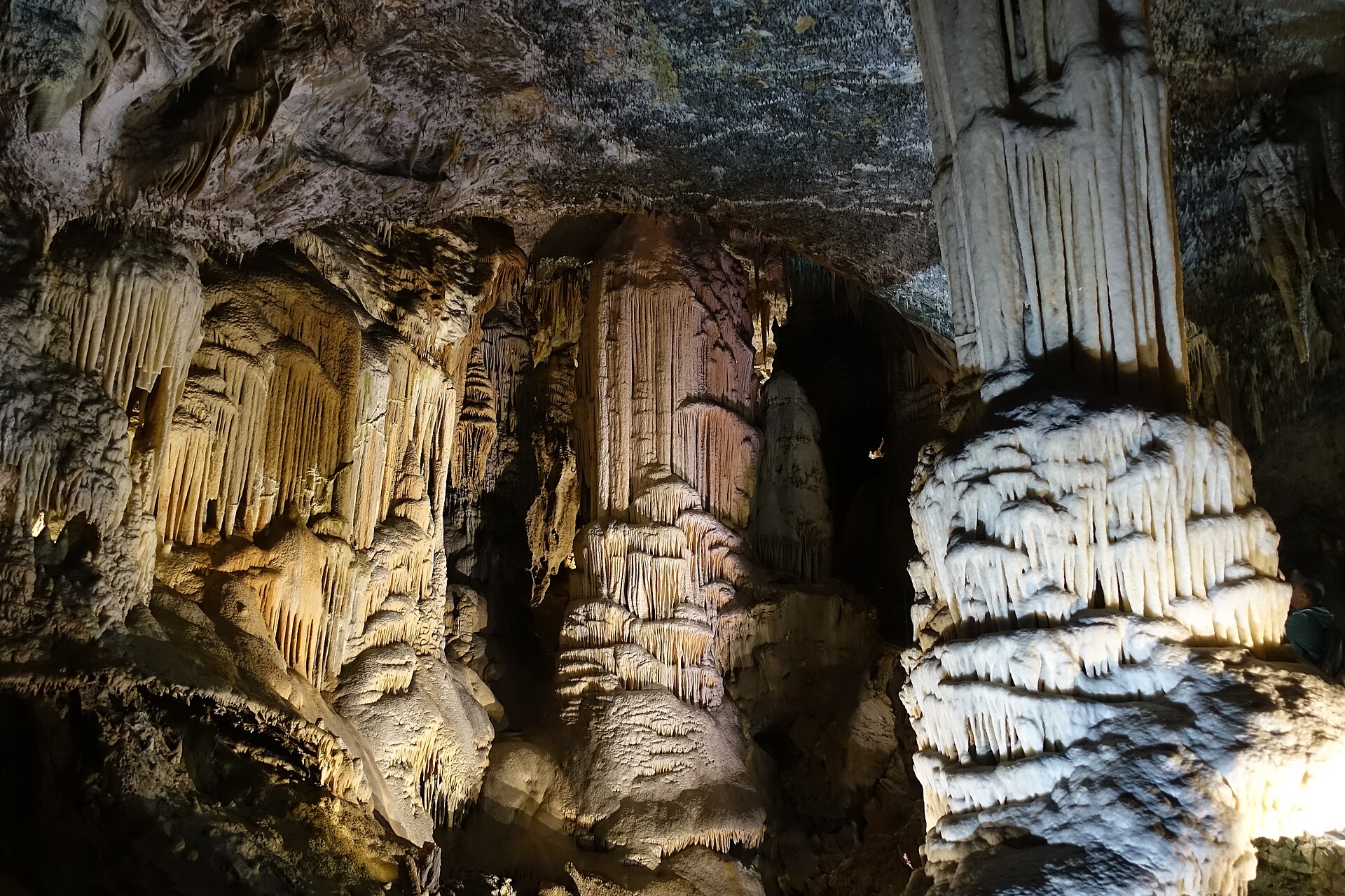 Illuminated stalactite formations inside Postojna Cave in Slovenia