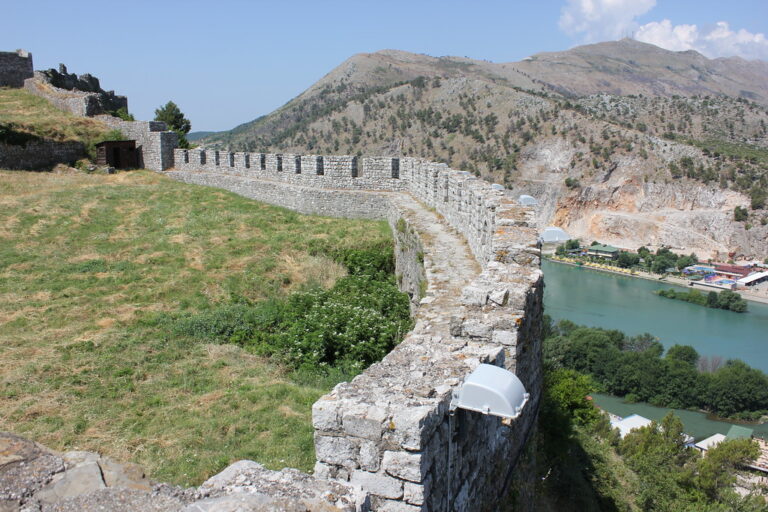 Stone walls of Rozafa Castle overlooking the river valley in Shkoder, Albania