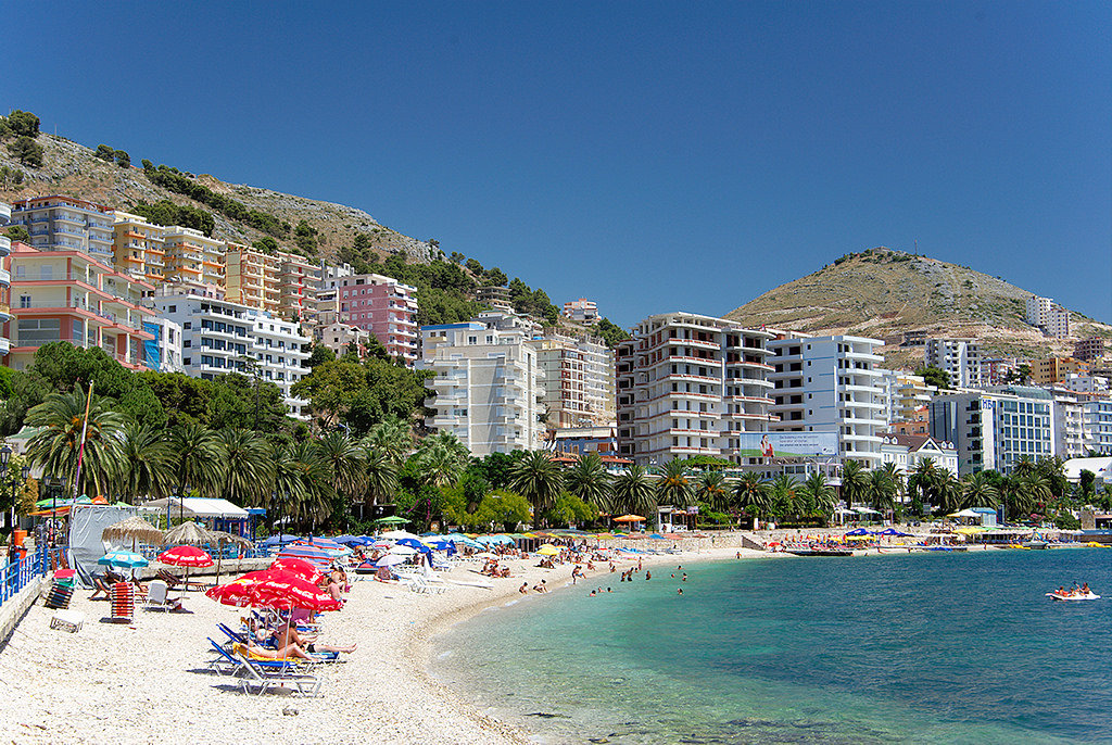 Seaside promenade and turquoise Ionian water in Saranda, Albania
