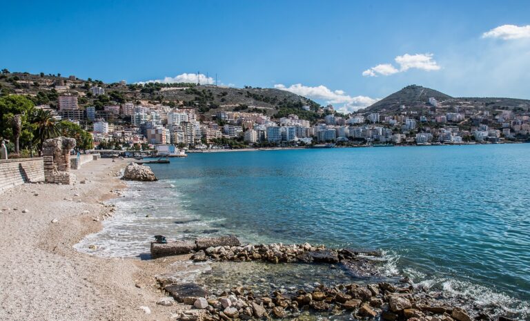 Sunny Saranda waterfront and bay on the Albanian Riviera, a relaxed and safe beach town