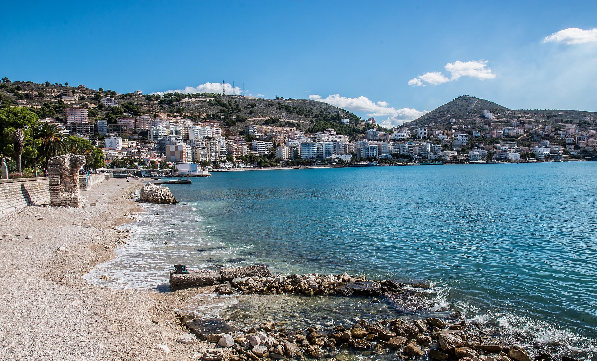 Sunny Saranda waterfront and bay on the Albanian Riviera, a relaxed and safe beach town