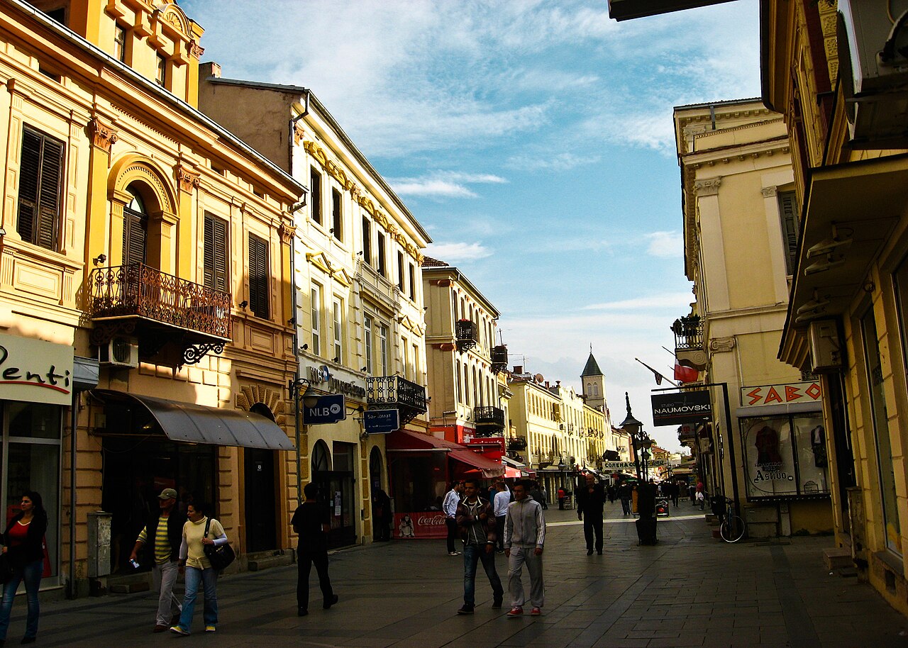 Pastel neoclassical facades lining Sirok Sokak, the main pedestrian street in Bitola