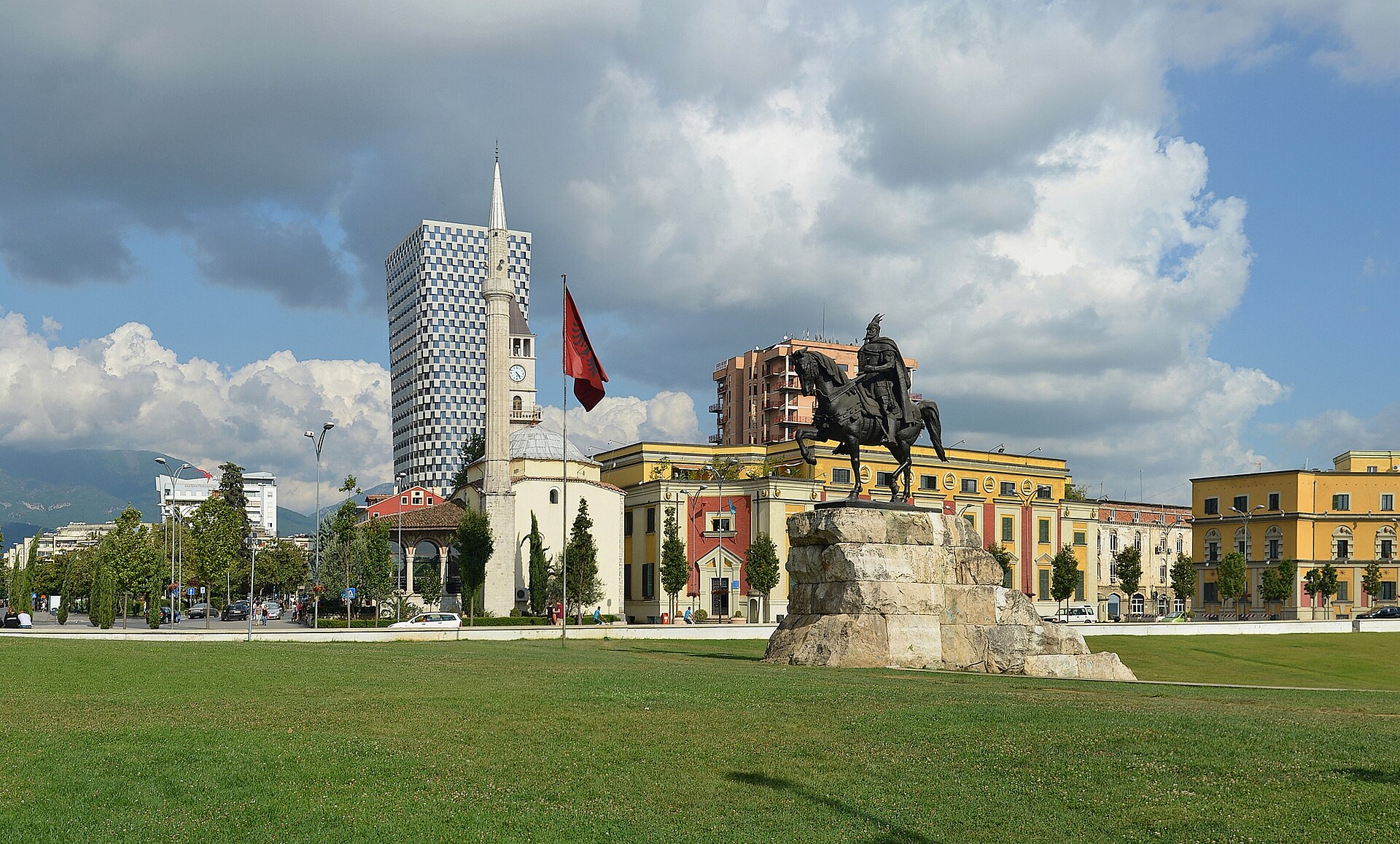 Skanderbeg Square in central Tirana with the Ethem Bey mosque and clock tower