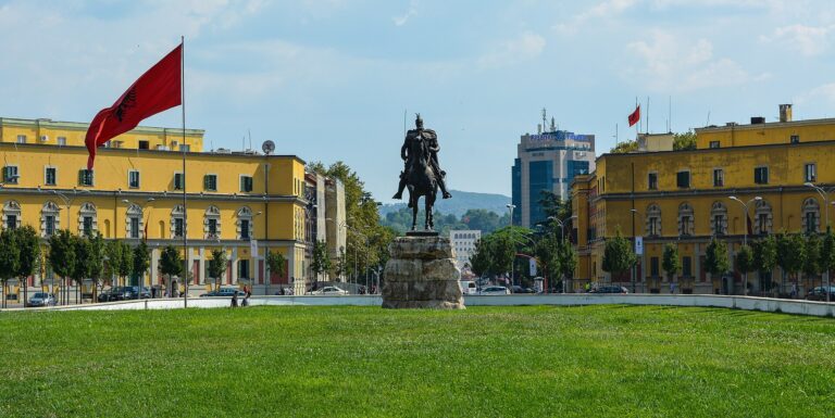 Skanderbeg Square and the Et hem Bey Mosque in central Tirana, Albania