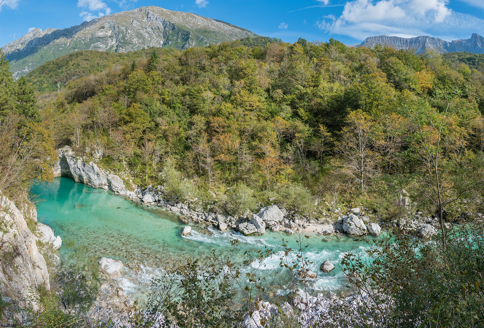 The turquoise Soca river running through the valley near Kobarid