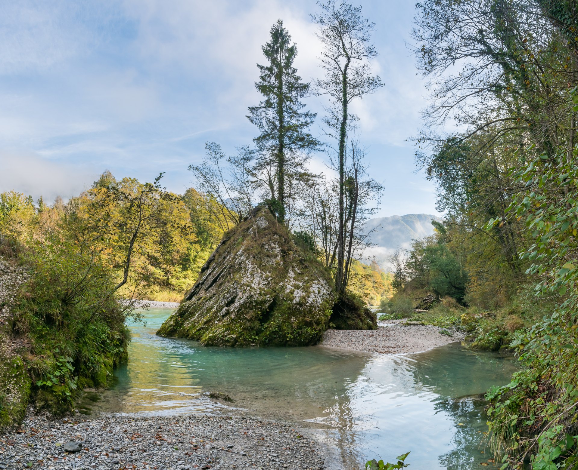 The turquoise Soca River running through the valley near Kamno in western Slovenia