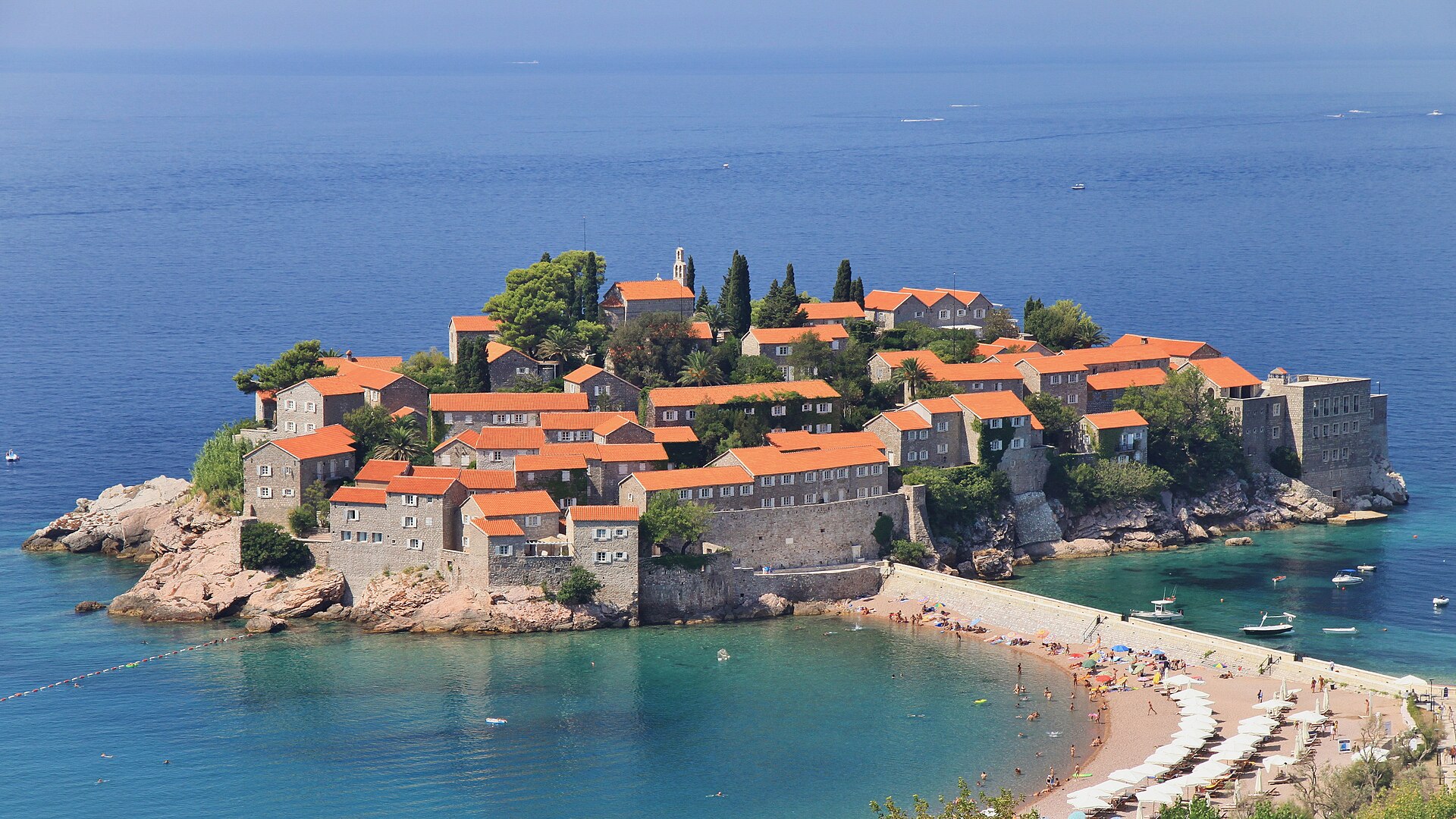 The fortified island village of Sveti Stefan seen from the coast road south of Budva