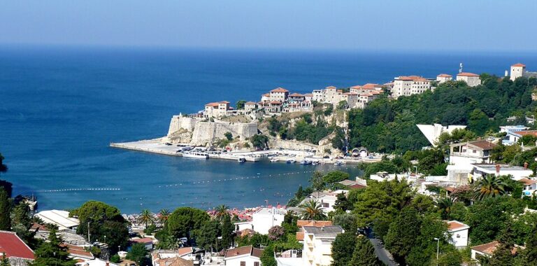 Panoramic view of Ulcinj old town above the Adriatic coast in southern Montenegro