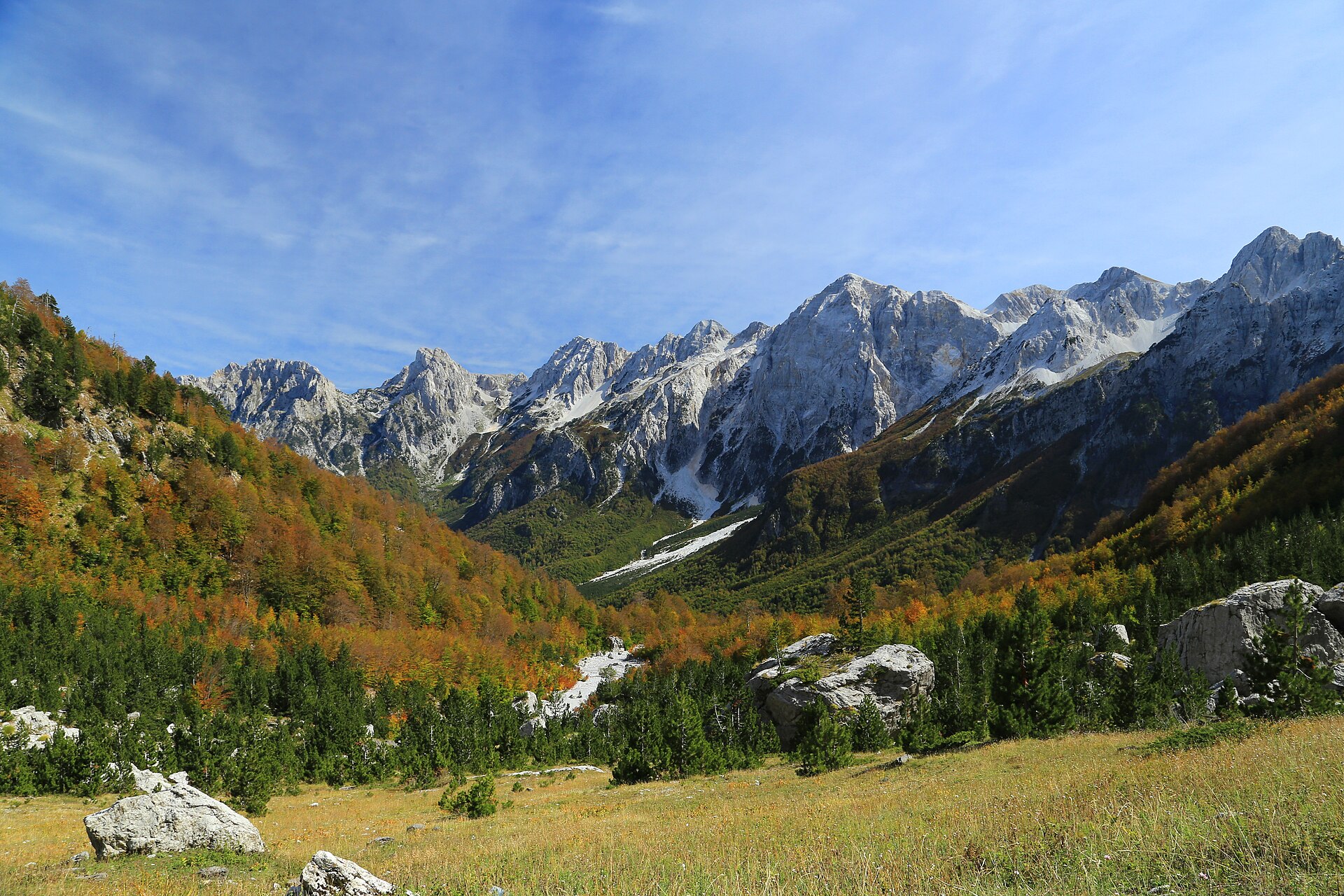 Autumn colors in the Valbona valley beneath the peaks of the Albanian Alps