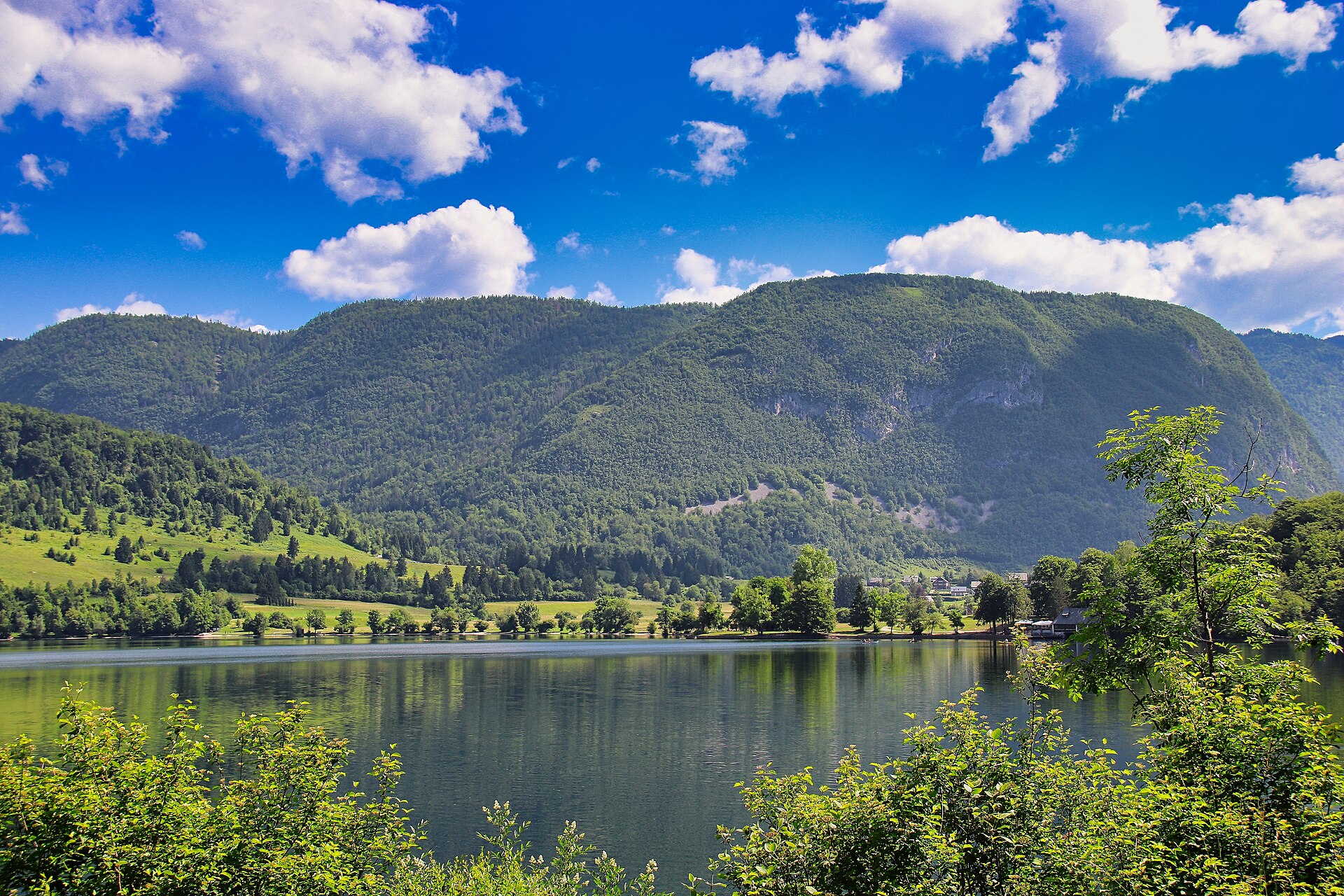 View across Lake Bohinj and the Julian Alps from the Vogel ridge