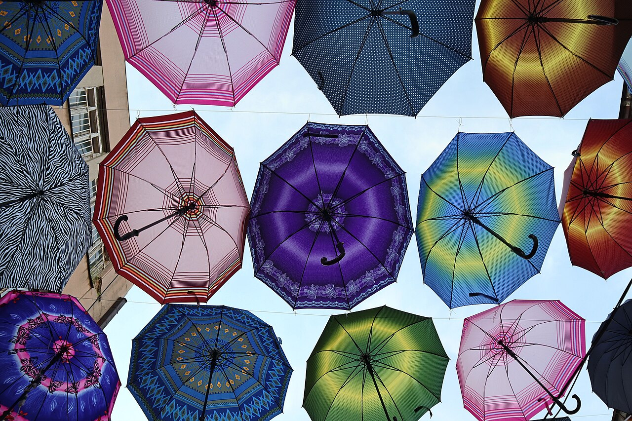 Colorful umbrellas above a street in the Skopje Old Bazaar