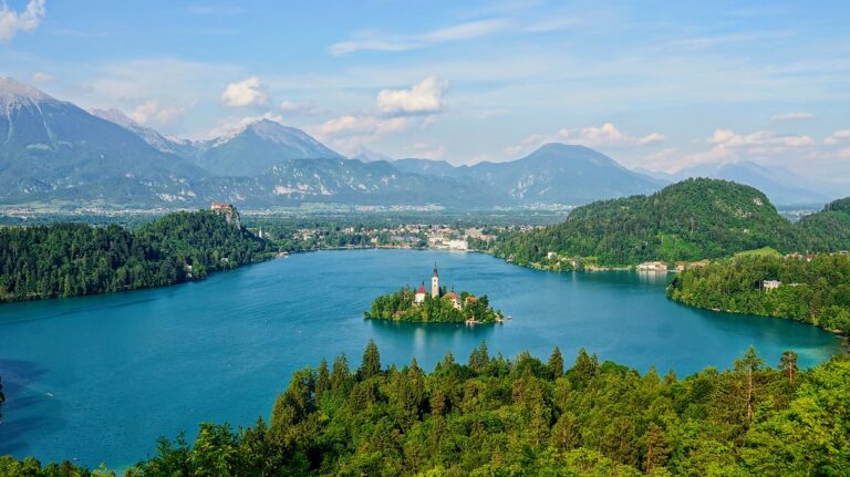 Lake Bled island and mountains in Slovenia on a sunny day