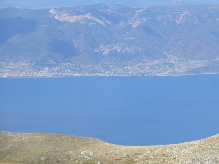 View of Lake Ohrid from the mountains above, a highlight of a North Macedonia road trip