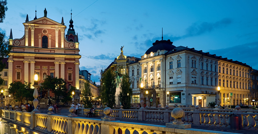 Ljubljana riverside with Triple Bridge and the Franciscan church in Slovenia