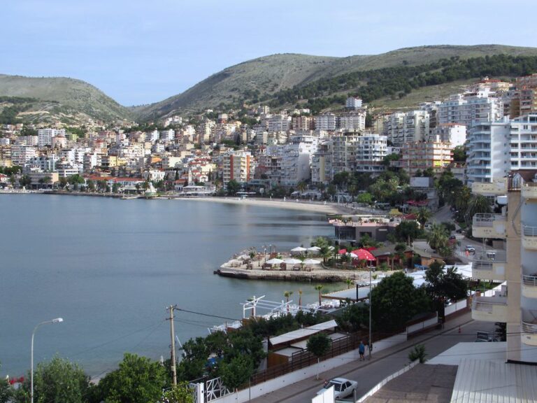 View over the Saranda waterfront and bay on the Albanian Riviera