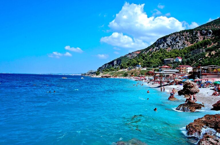 Beach near Vlore on the Albanian coast with calm blue water
