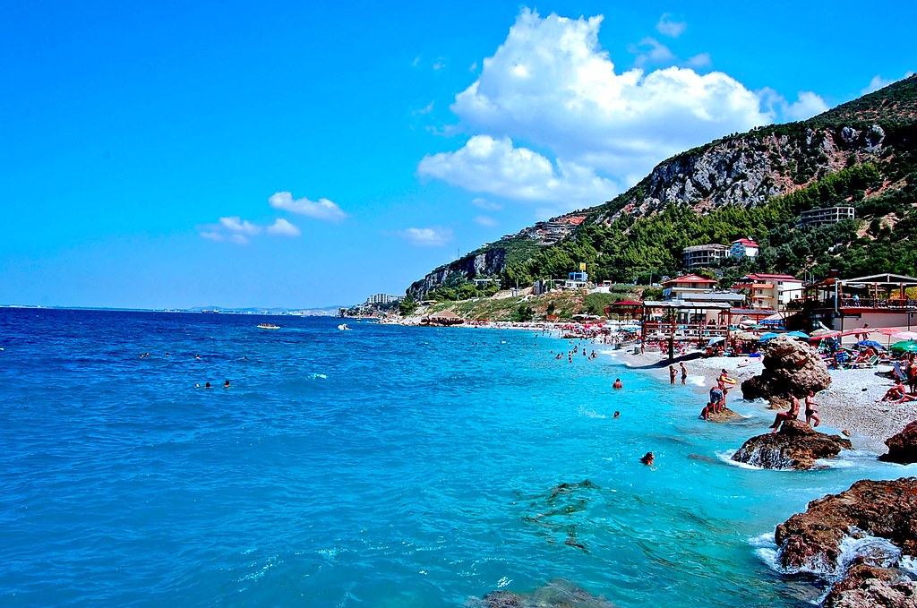 Beach near Vlore on the Albanian coast with calm blue water